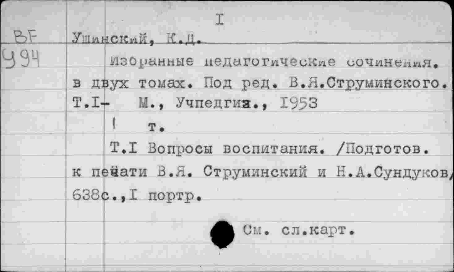 ﻿	1
	I
ьг-	УИи$СКиЙ, К.ц.
ВЭН	ИзОранные педагогические сочинения.
	в д$ух томах. Под ред. В.Я.Струминского.
	Т.1-{-	М., Учпедгиз., 1953
	1 т.
	Т.1 Вопросы воспитания. /Подготов.
	к печати В.Я. Струминский и Н. А.Сундуков,
	638с.»1 порто.
	
	См. с л. карт.
	■ 	!	I	